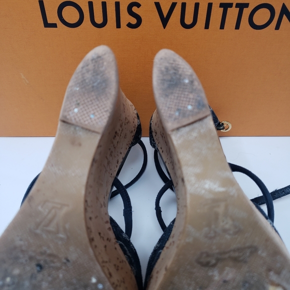 LOUIS VUITTON Monogram Denim Wedge Sandals, Size 35.5 - Picture 8 of 9
